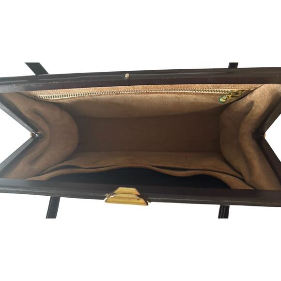 Waldybag Classic Dainty Dark Chestnut Brown Patent Leather Top Handles Bag 1950s - Picture 3 of 13